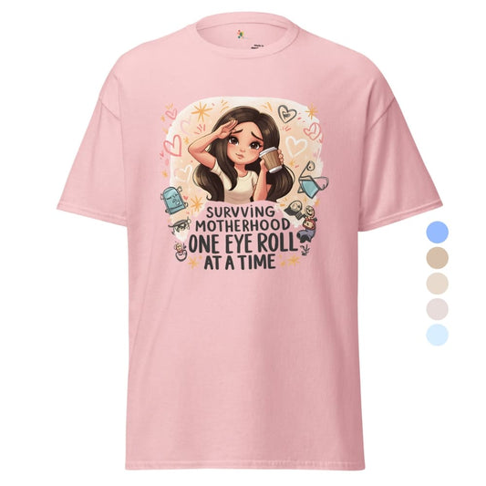 Pink t-shirt with graphic design and text on a white background