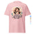 Pink t-shirt with graphic design and text on a white background