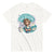 White t-shirt with a graphic design featuring a cartoon character and text on a white background