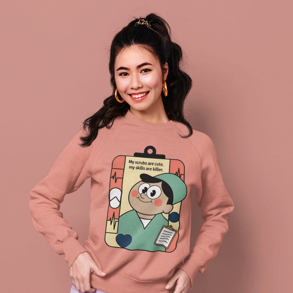 Woman wearing a pink sweatshirt with a cartoon character design on a pink background