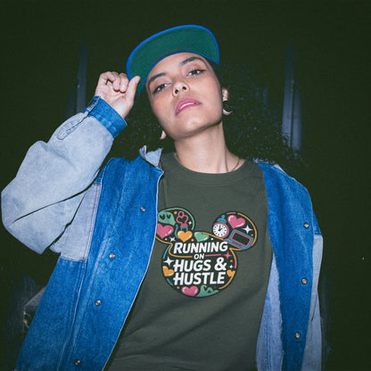 Person wearing a green t-shirt with colorful design and text, standing against a dark background.