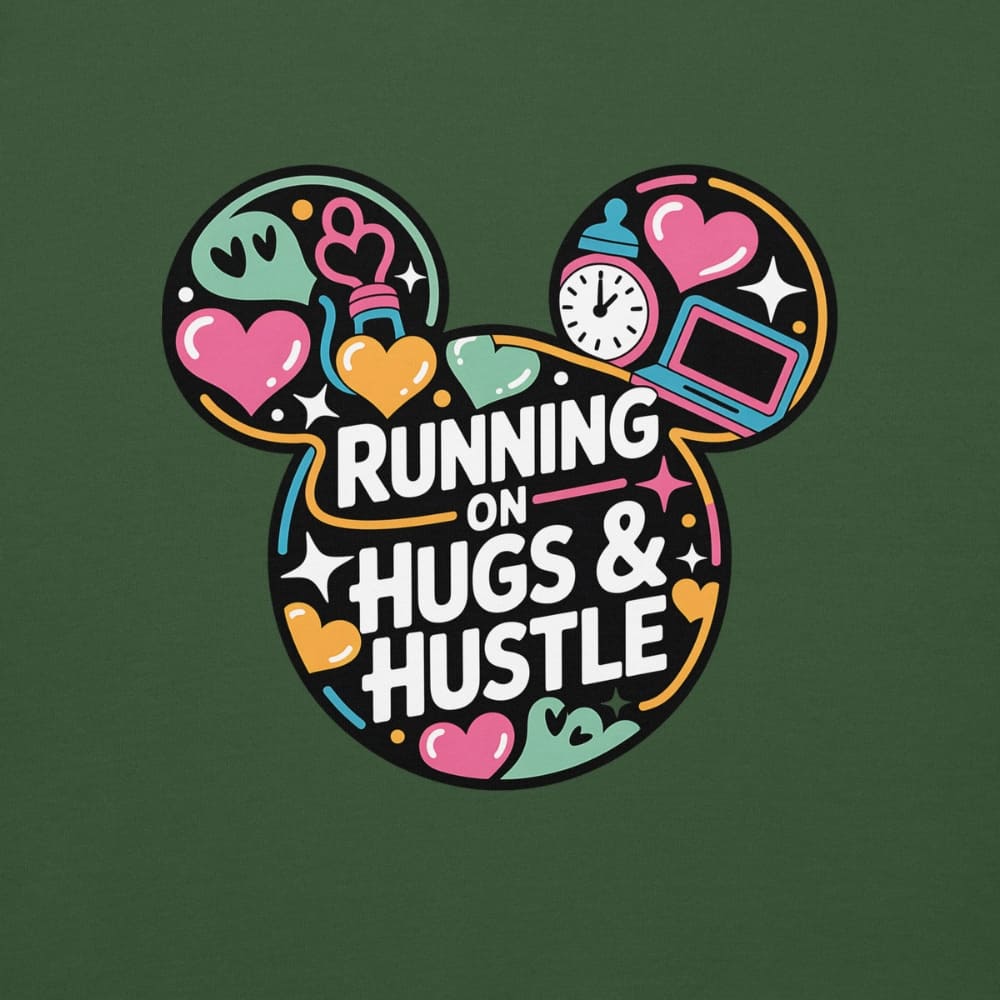 Colorful graphic with 'Running on Hugs & Hustle' text on a green background