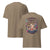 Brown t-shirt with a graphic design and text on a white background