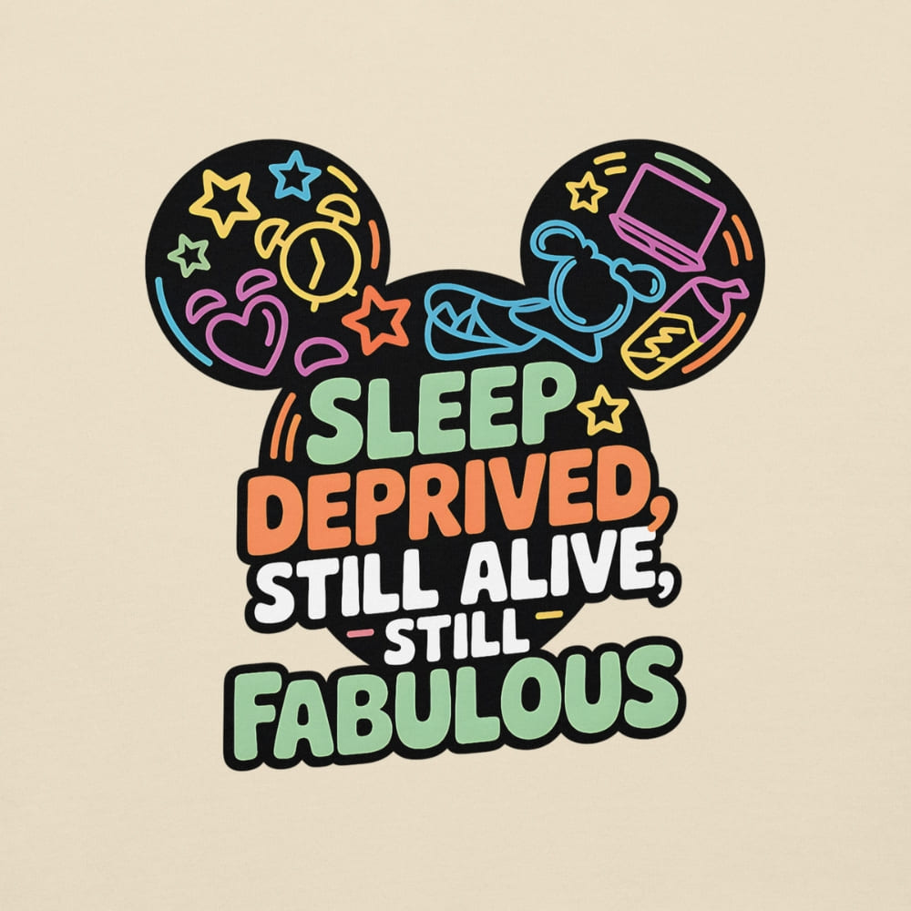 Colorful design of a Mickey Mouse head with text 'Sleep Deprived, Still Alive, Still Fabulous' on a beige background