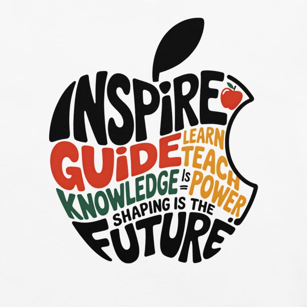 Educational-themed design with text and an apple silhouette on a white background