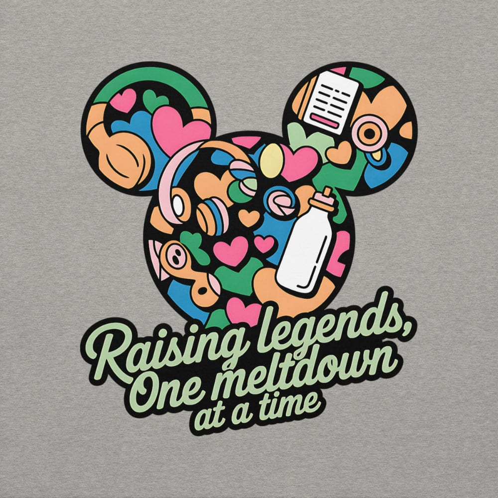 Colorful graphic of a stylized face with text 'Raising legends, One meltdown at a time' on a gray background