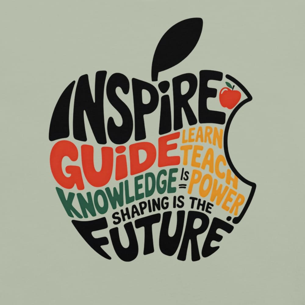 Educational-themed design with text and an apple silhouette on a light green background