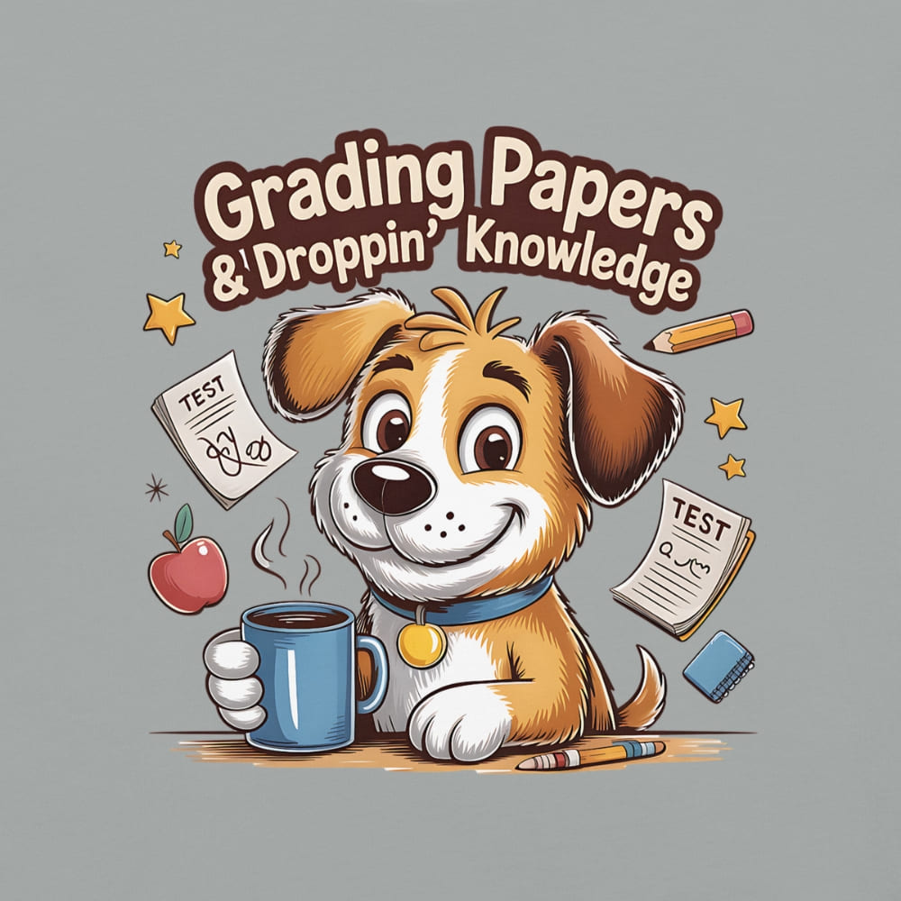 Cartoon dog holding a mug with text 'Grading Papers & Droppin' Knowledge' on a gray background