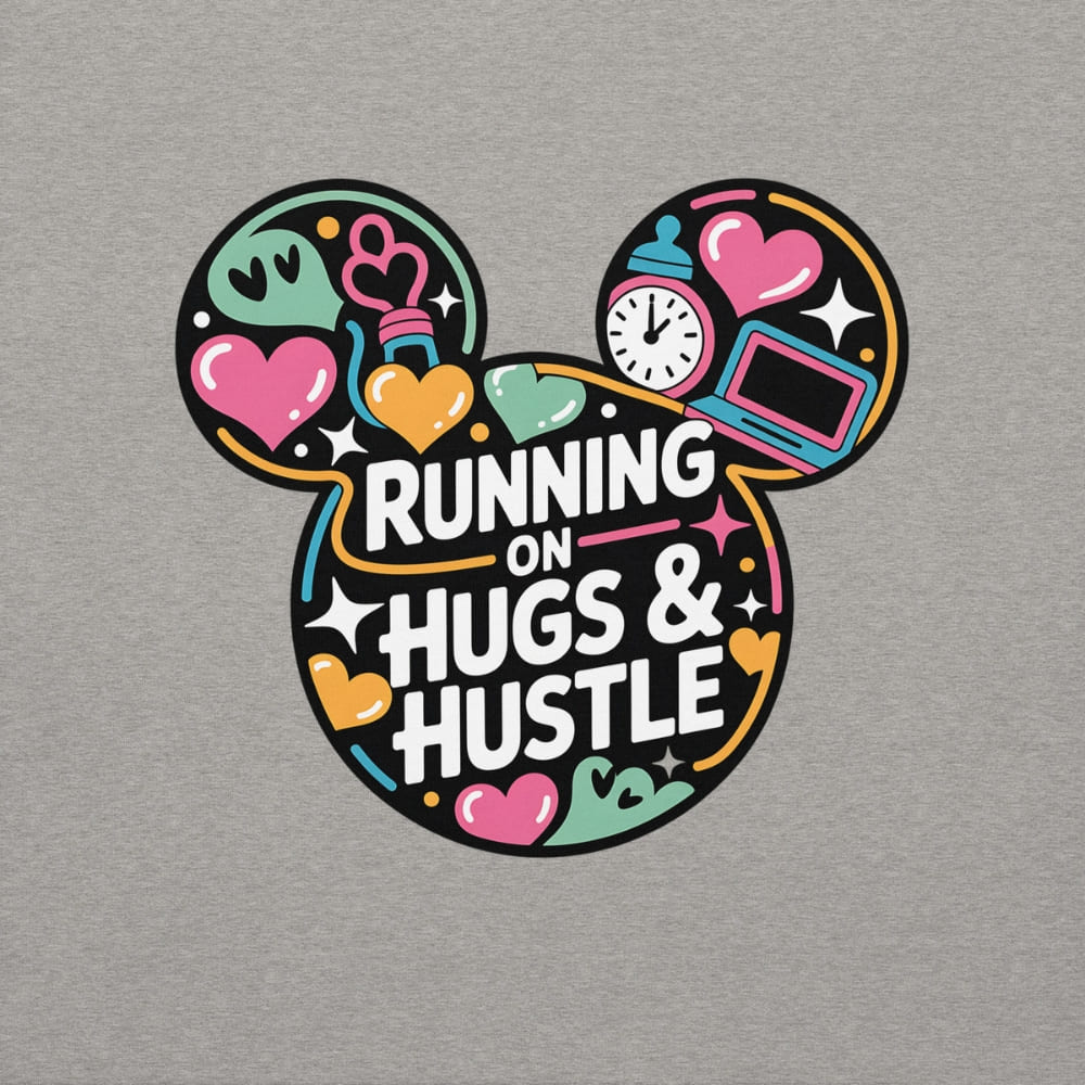 Colorful graphic with 'Running on Hugs & Hustle' text on a gray background