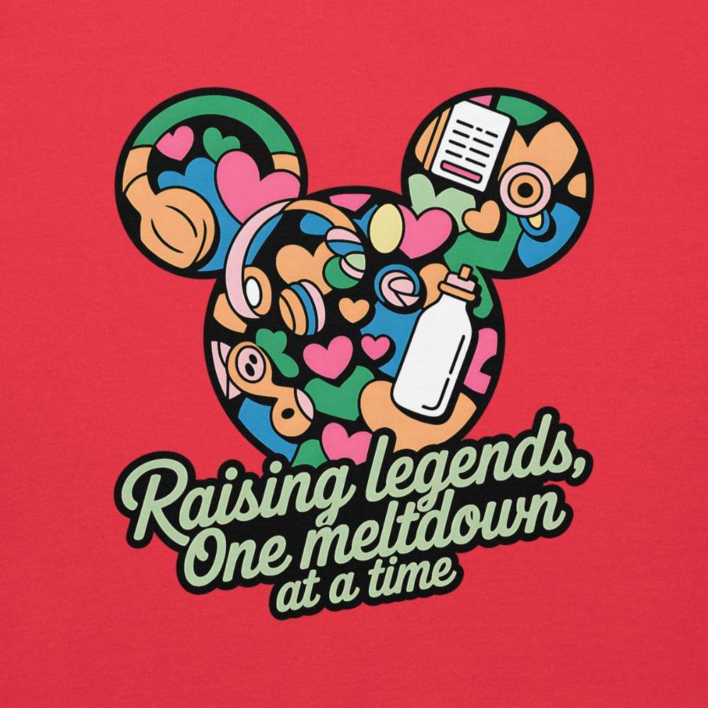 Colorful Mickey Mouse head design with text 'Raising legends, One meltdown at a time' on a red background
