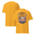 Yellow t-shirt with a graphic design and text on a white background