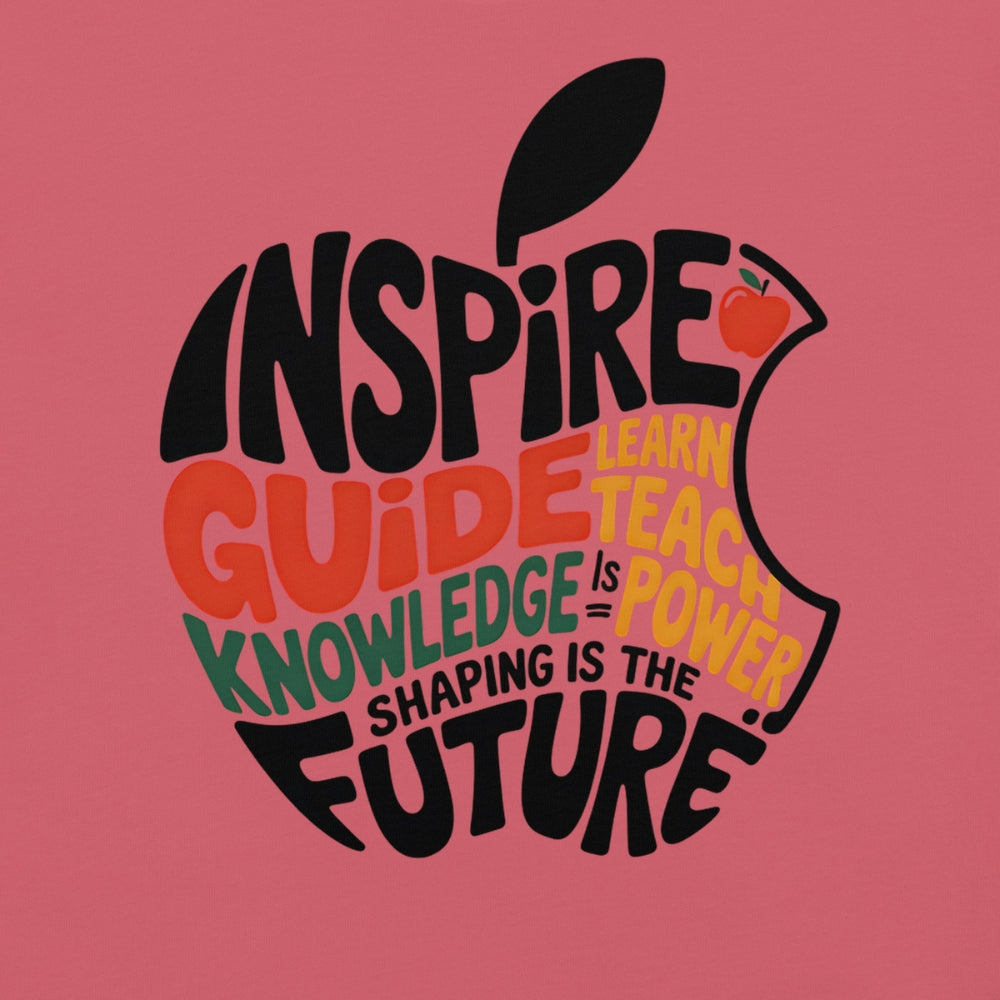 Educational-themed design with text and an apple silhouette on a pink background