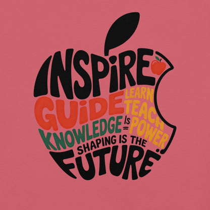 Educational-themed design with text and an apple silhouette on a pink background