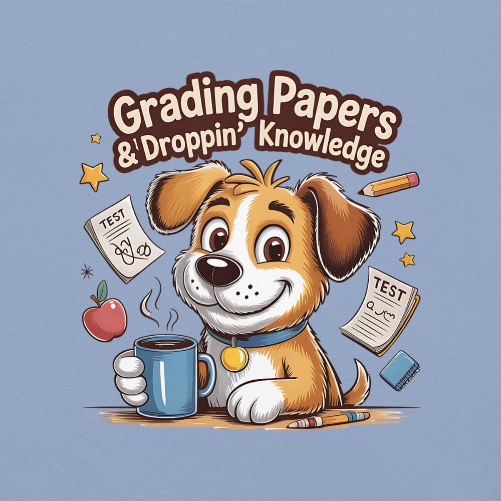 Cartoon dog holding a mug with text 'Grading Papers & Droppin' Knowledge' on a blue background