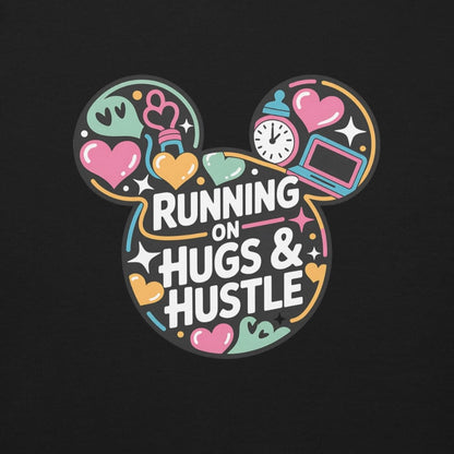 Colorful design with 'Running on Hugs & Hustle' text inside a Mickey Mouse head silhouette on a black background.