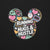 Colorful design with 'Running on Hugs & Hustle' text inside a Mickey Mouse head silhouette on a black background.