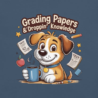 Cartoon dog holding a mug with educational items around on a blue background