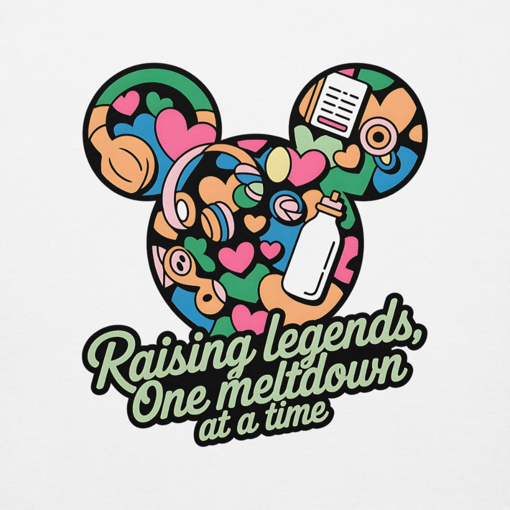 Colorful Mickey Mouse head design with text 'Raising legends, One meltdown at a time' on a white background