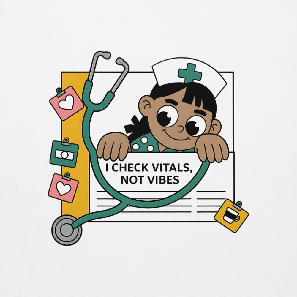 Cartoon nurse holding a stethoscope with text 'I check vitals, not vibes' on a light gray background
