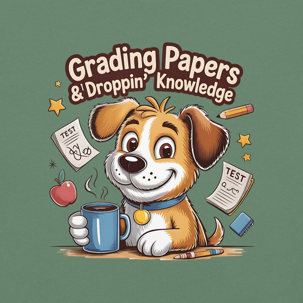 Cartoon dog holding a mug with educational items around on a green background