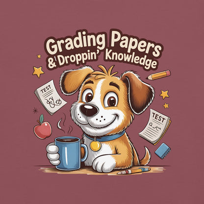 Cartoon dog holding a mug with educational items around on a maroon background