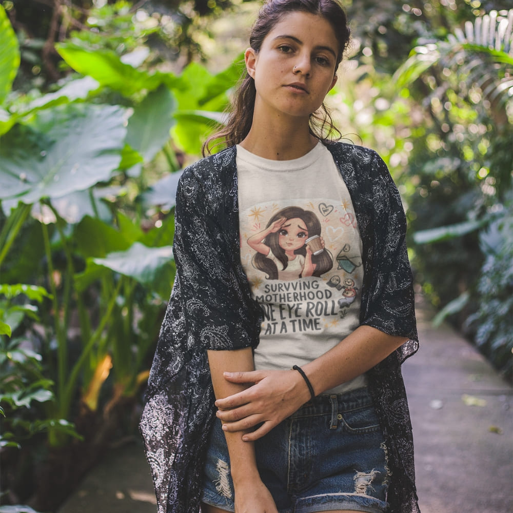 Woman wearing a graphic t-shirt with text and an illustration, standing in a garden.