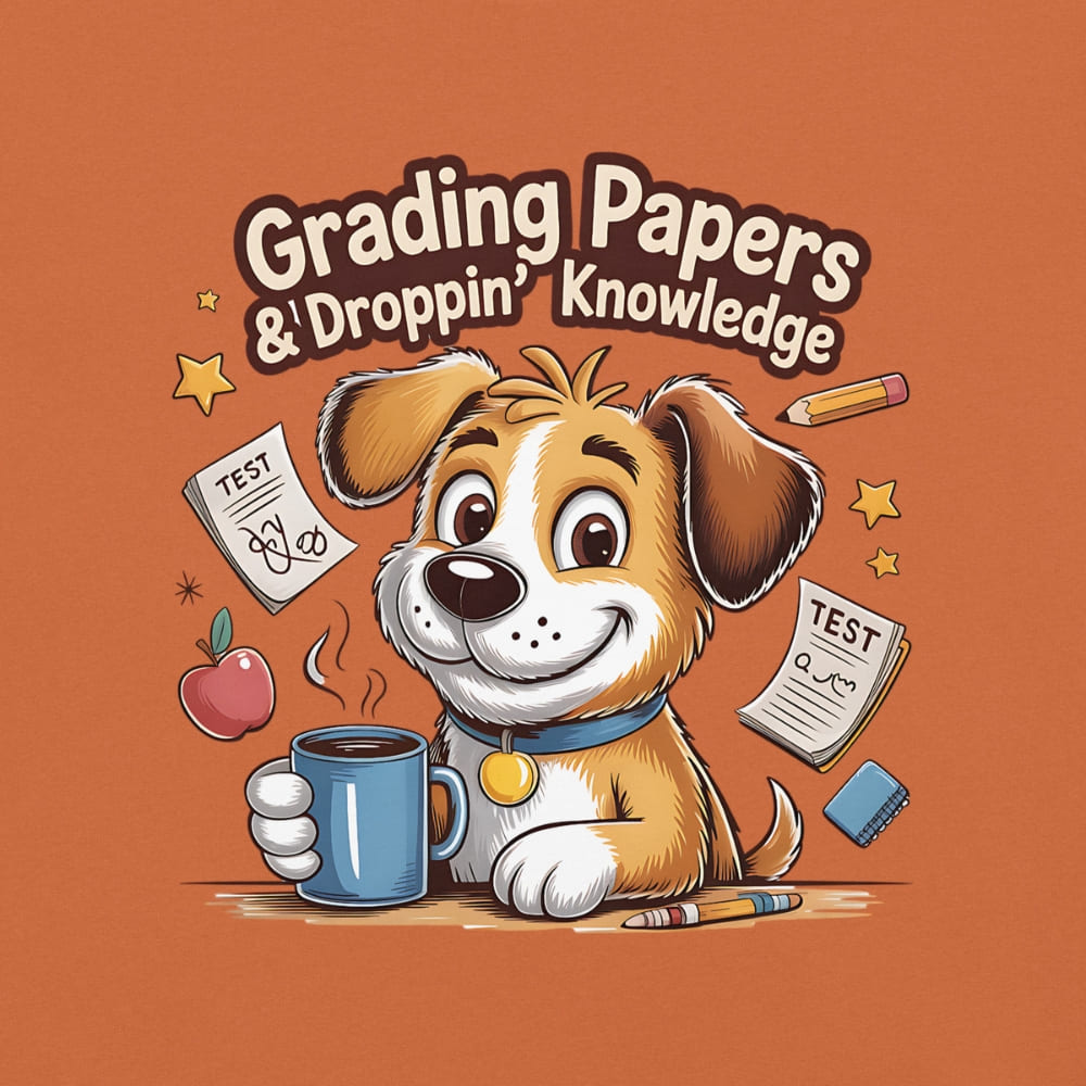 Cartoon dog holding a mug with text 'Grading Papers & Droppin' Knowledge' on an orange background