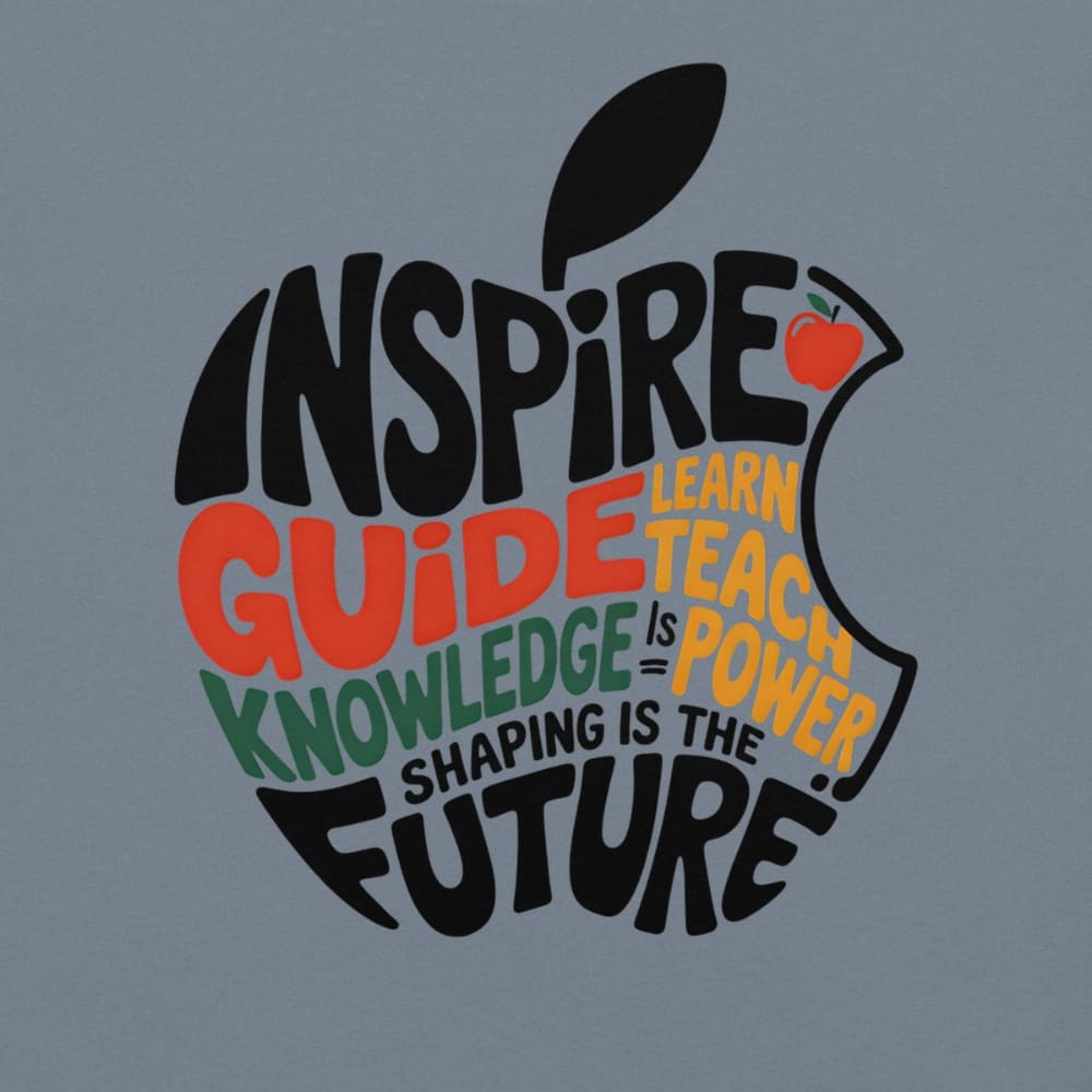 Educational-themed design with text and apple graphic on a gray background