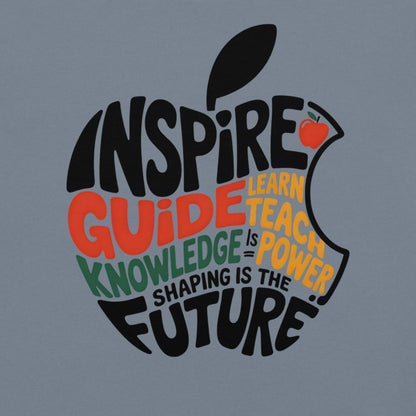 Educational-themed design with text and apple graphic on a gray background