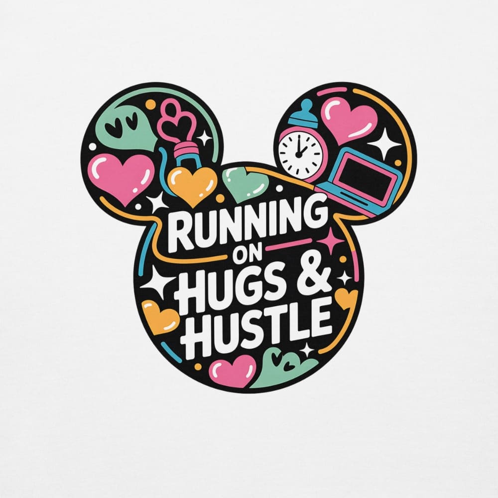Colorful design with Mickey Mouse ears and 'Running on Hugs & Hustle' text on a white background