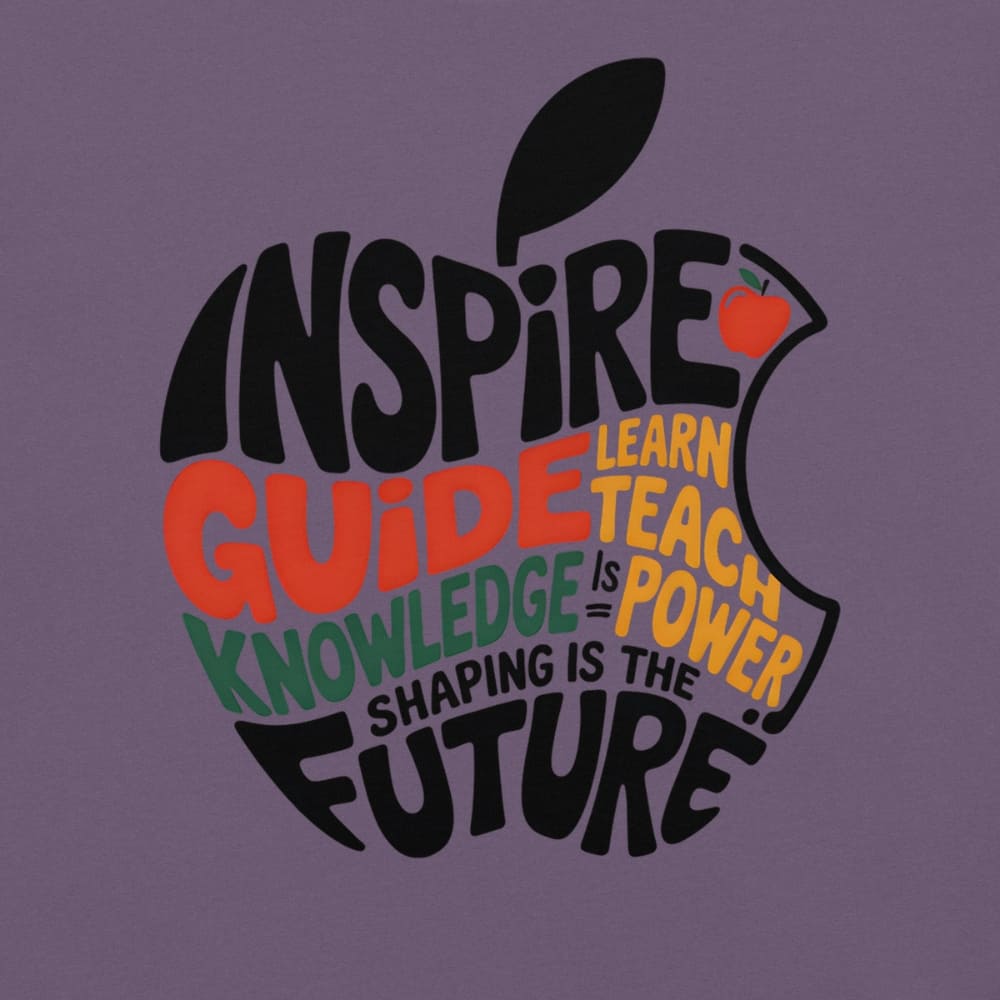 Purple shirt with motivational quote about education and knowledge on a purple background