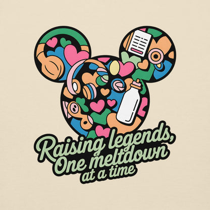 Colorful Mickey Mouse ears design with text 'Raising legends, One meltdown at a time' on a beige background