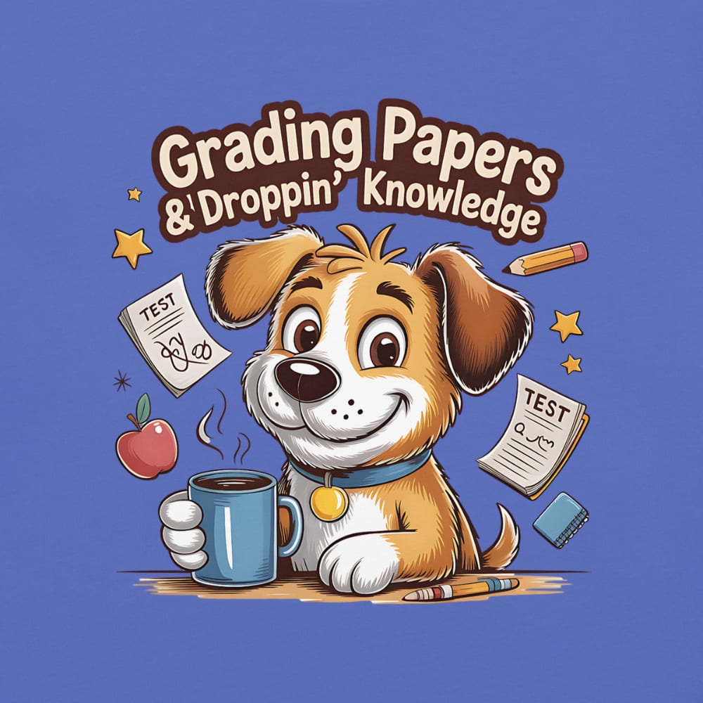 Cartoon dog holding a mug with educational items around on a blue background