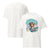 White t-shirt with a graphic design featuring a character and text on a white background