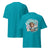 Teal t-shirt with a graphic design on the front and back