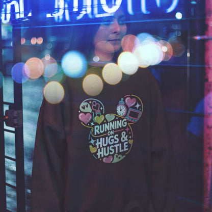 Person wearing a hoodie with 'Running on Hugs & Hustle' text and graphics, blurred lights in the background