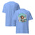 Light blue t-shirt with a graphic design on the front, displayed from front and back views.
