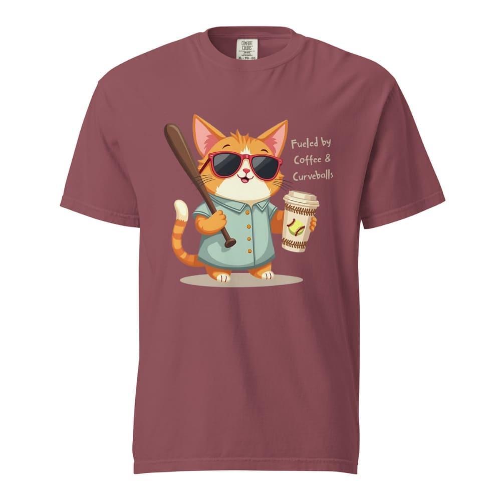 Cool cat with sunglasses holding a softball bat and coffee cup, beside text “Fueled by Coffee & Curveballs” – printed on soft heavyweight t-shirt for sporty moms