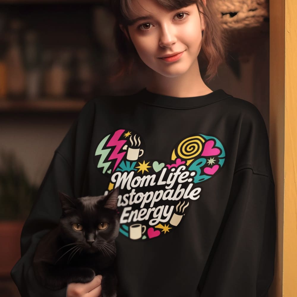 Person wearing a black sweatshirt with colorful graphics and text, holding a black cat.