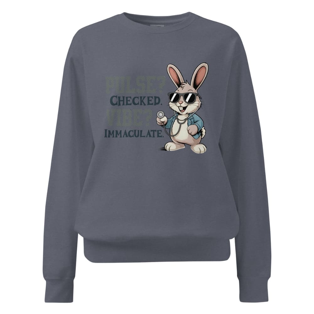 Gray sweatshirt with a cartoon rabbit wearing sunglasses and a jacket on a white background