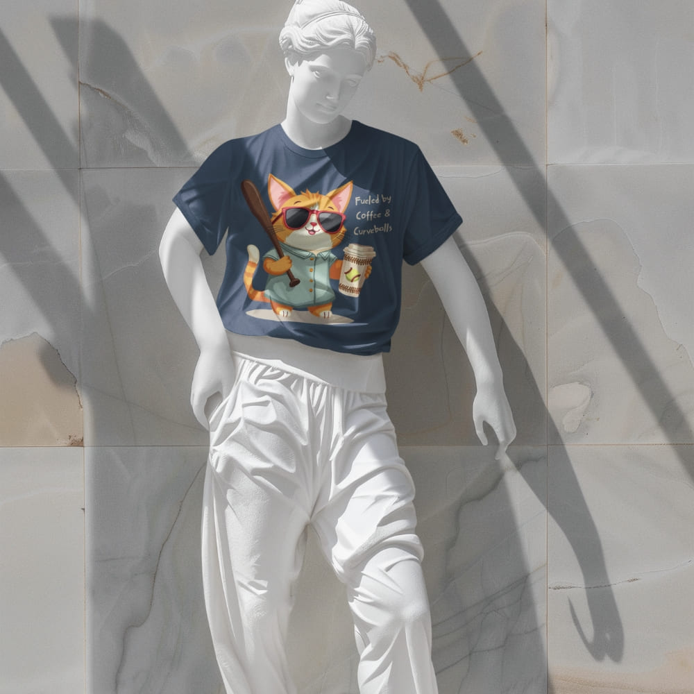 Cool cat with sunglasses holding a softball bat and coffee cup, beside text “Fueled by Coffee & Curveballs” – printed on soft heavyweight t-shirt for sporty moms