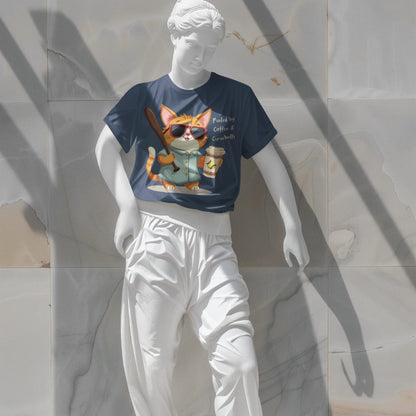 Cool cat with sunglasses holding a softball bat and coffee cup, beside text “Fueled by Coffee & Curveballs” – printed on soft heavyweight t-shirt for sporty moms