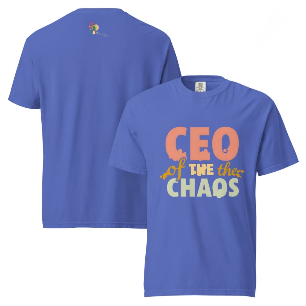 CEO of the Chaos” printed on a heavyweight cotton t-shirt in soft pastel ink, laid flat with a minimal lifestyle background.