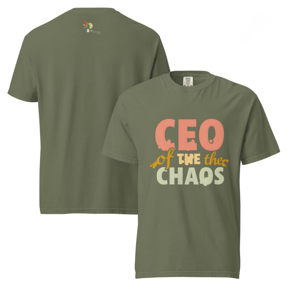 CEO of the Chaos” printed on a heavyweight cotton t-shirt in soft pastel ink, laid flat with a minimal lifestyle background.