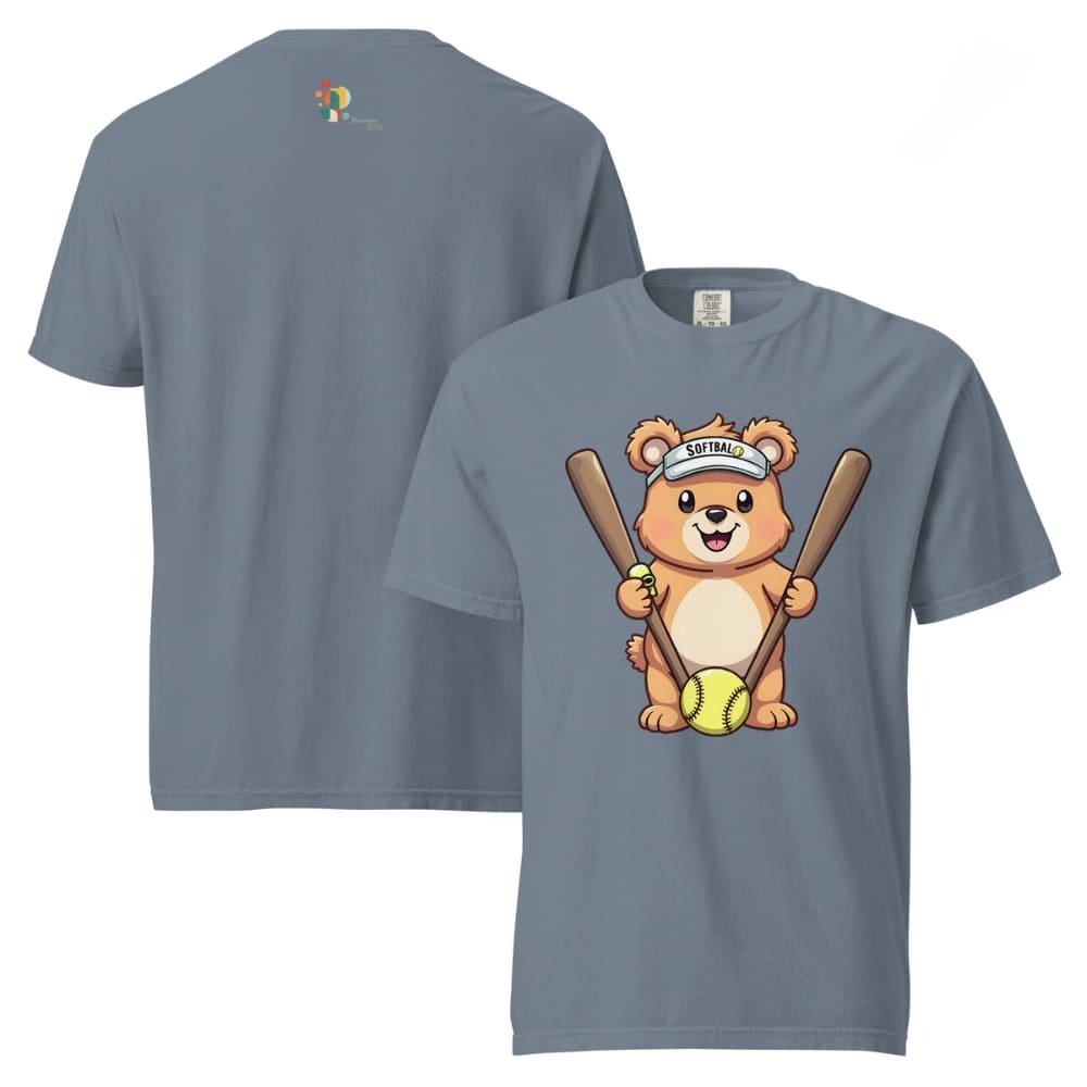 Cartoon bear holding softball bats and ball wearing a visor labeled “Softball” – printed on garment-dyed heavyweight t-shirt for sporty moms