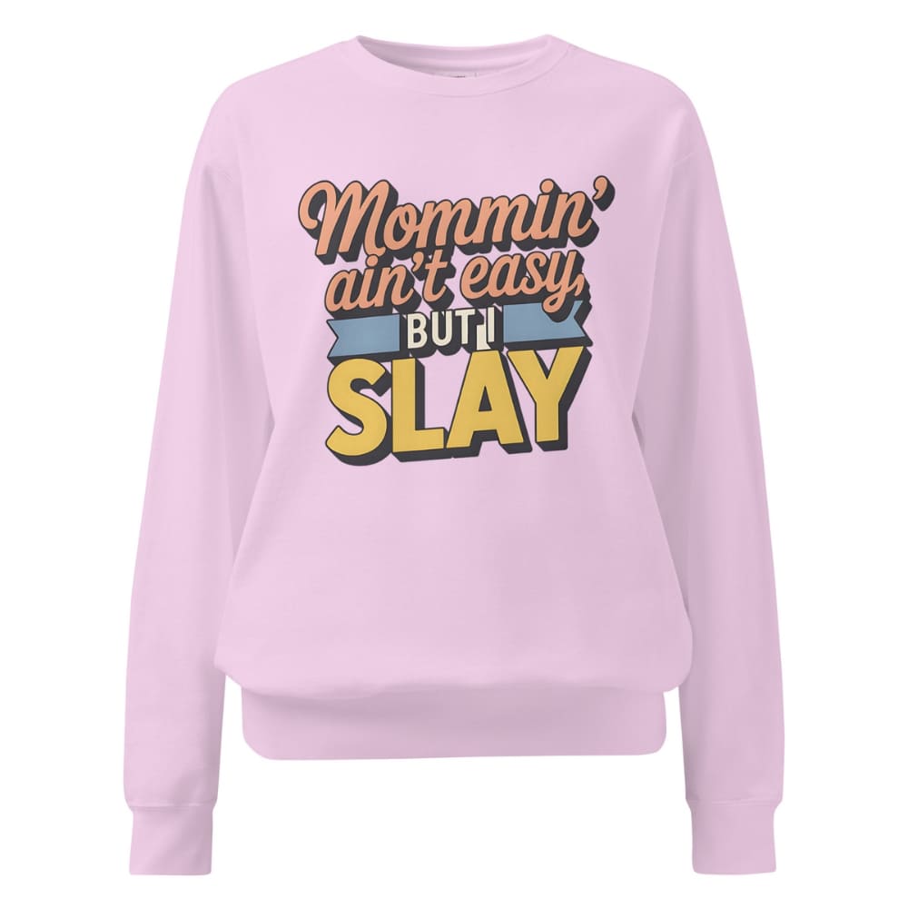 “Mommin' Ain’t Easy But I Slay” retro-style DTG printed design in peach, blue, and yellow on vintage garment-dyed fleece sweatshirt