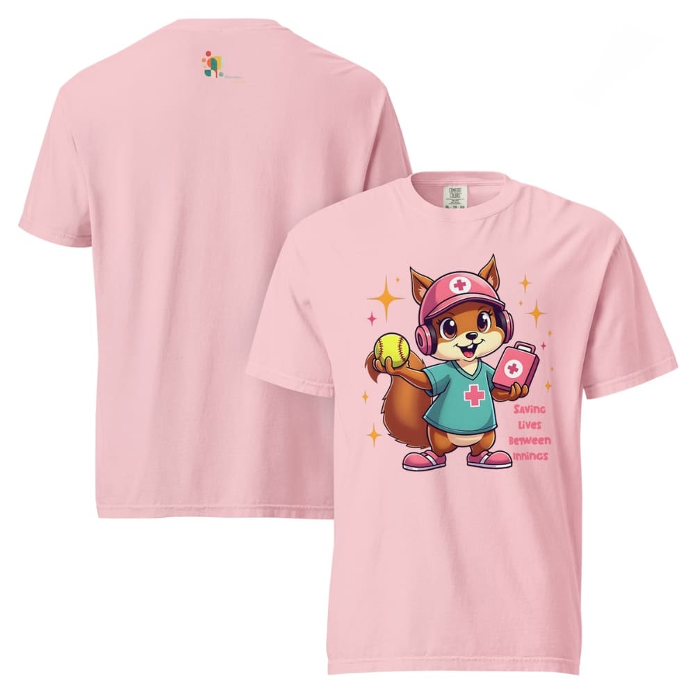 Cute squirrel nurse cartoon in scrubs, pink cap, and headset holding a softball and medical kit with the phrase “Saving Lives Between Innings” — printed on a heavyweight cotton t-shirt