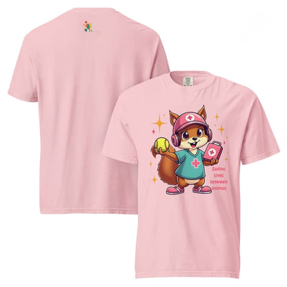 Cute squirrel nurse cartoon in scrubs, pink cap, and headset holding a softball and medical kit with the phrase “Saving Lives Between Innings” — printed on a heavyweight cotton t-shirt