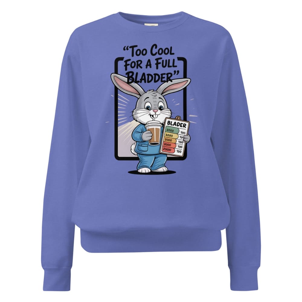 Blue sweatshirt with cartoon rabbit holding a beer and urine test strip, text 'Too Cool For a Full Bladder' on a white background.