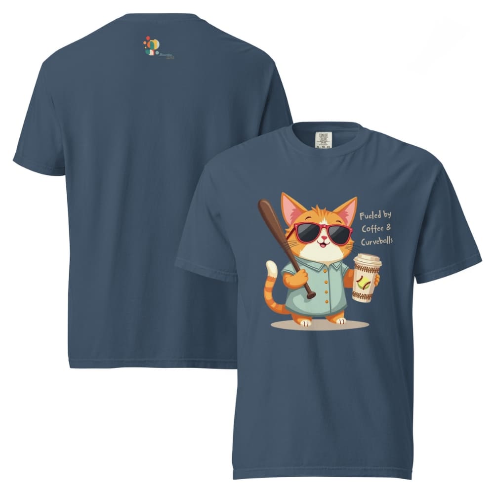 Cool cat with sunglasses holding a softball bat and coffee cup, beside text “Fueled by Coffee & Curveballs” – printed on soft heavyweight t-shirt for sporty moms